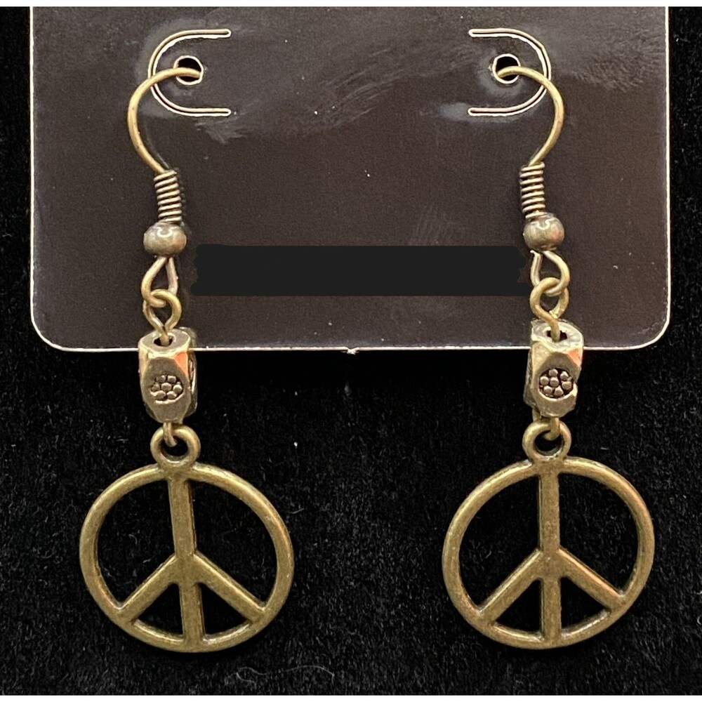 Handmade Bronze Tone Peace Symbol & Flower Motif Bead Earrings by Neanie-Bot